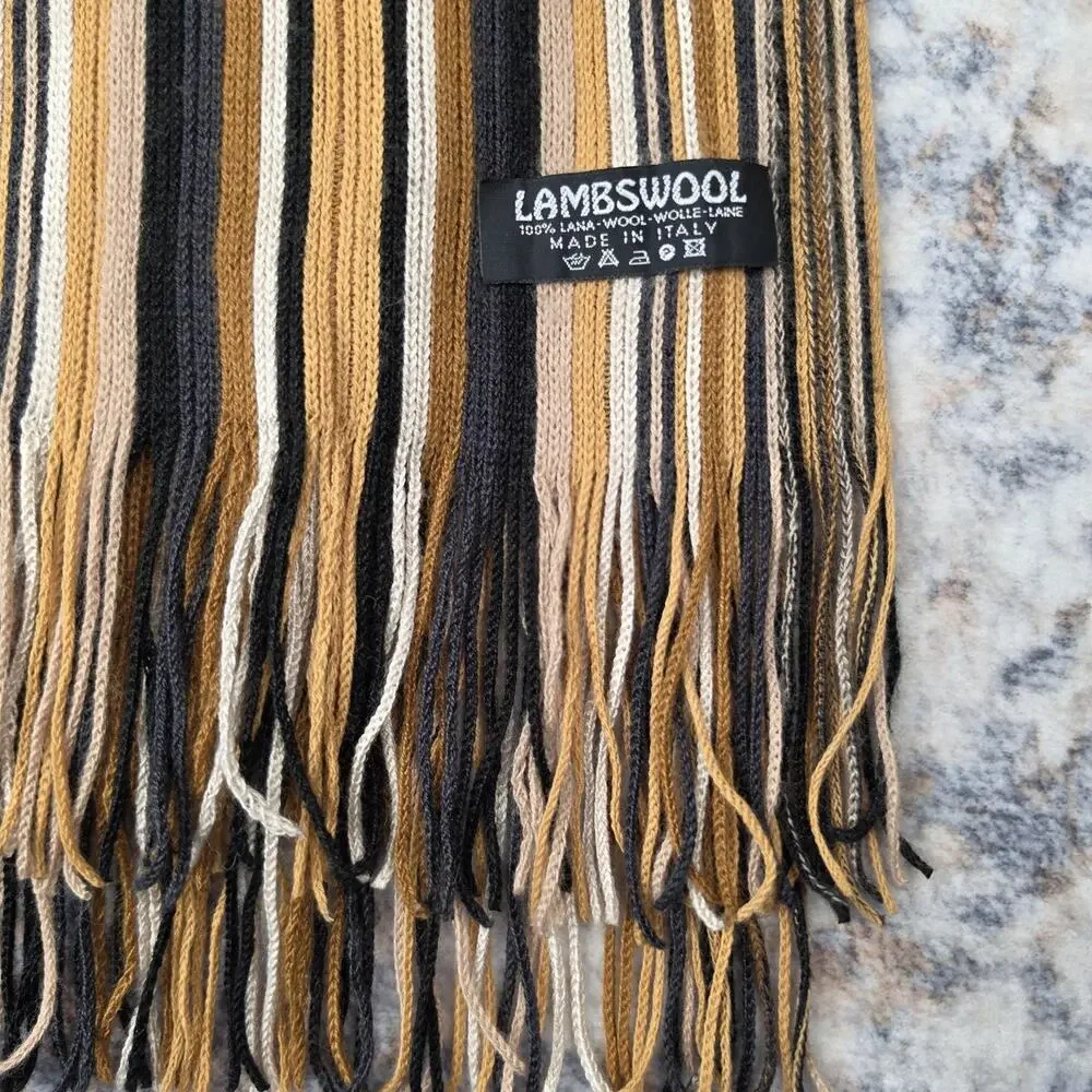 Lambswool Scarf Mens One Size Brown Striped Knit Fringe Winter Made In Italy